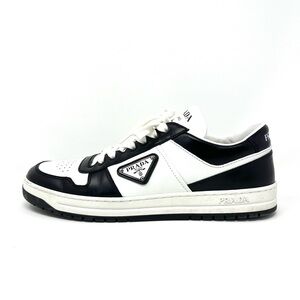 Prada Downtown Leather Chunky Platform Sneakers Triangle Logo Black White 40 10